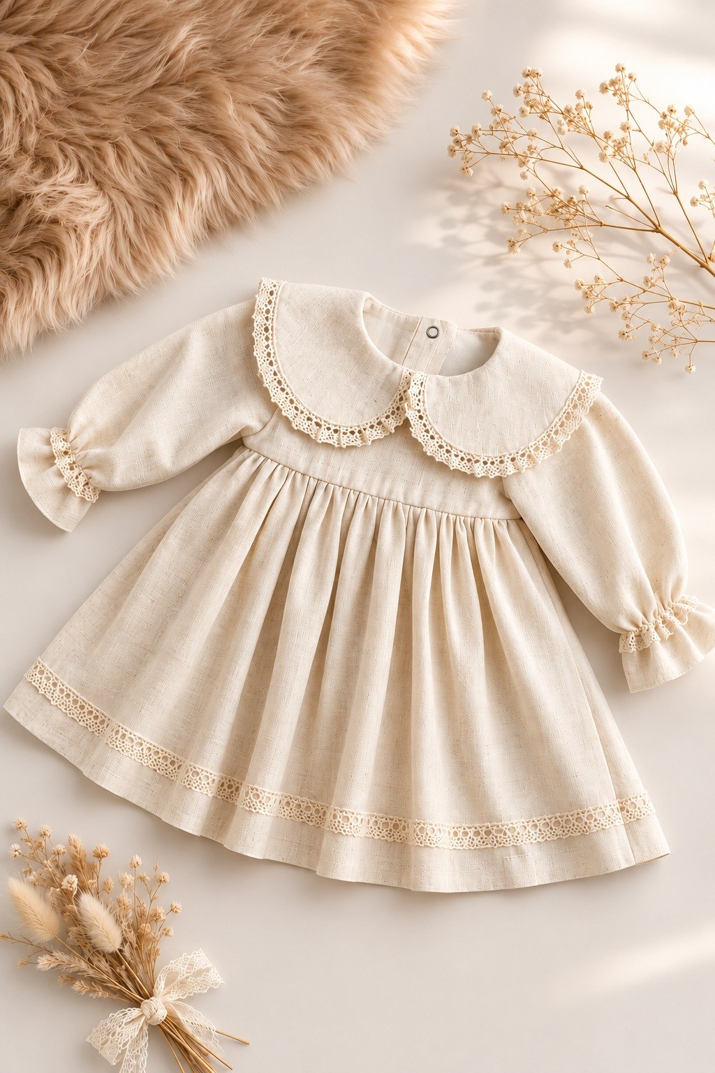 Kız Bebek %100 Pamuk Bebe Yaka Uzun Kollu Müslin Elbise — EKRU